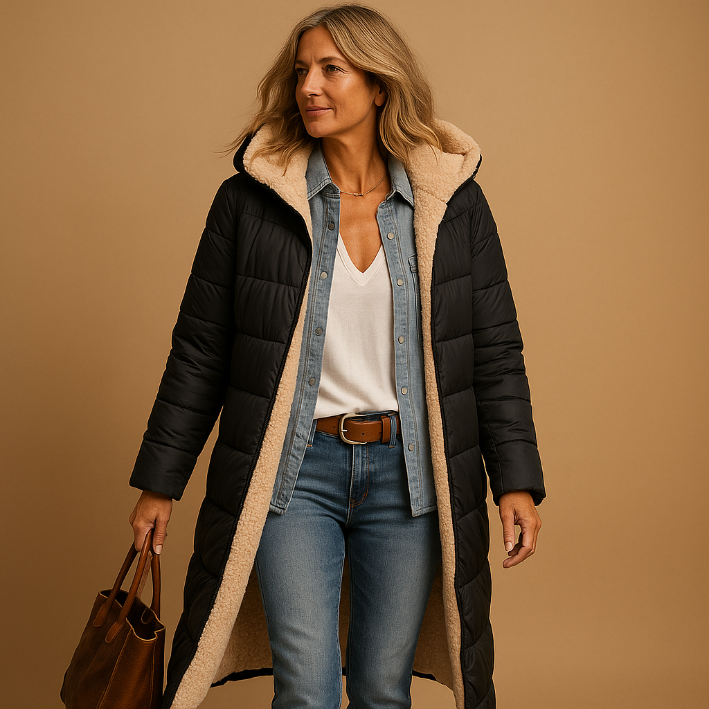 Woman wearing a long insulated winter coat with a modern silhouette, ideal for work, commuting, and winter outings.