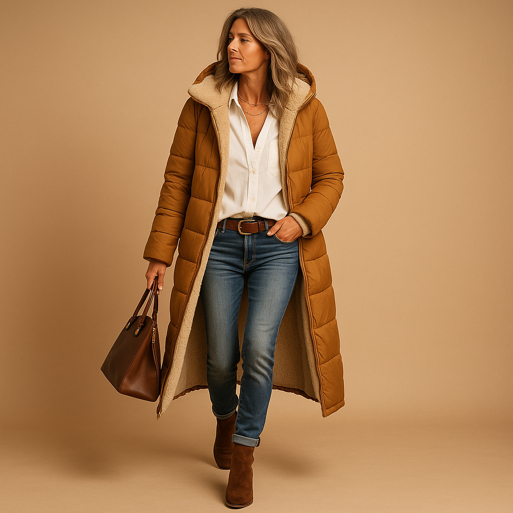 Woman wearing a long insulated winter coat with a modern silhouette, ideal for work, commuting, and winter outings.