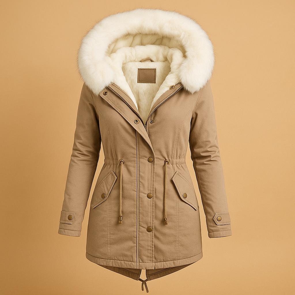 Woman wearing a long winter coat with faux fur hood, warm lining and water-repellent finish, ideal for cold and windy winter days.