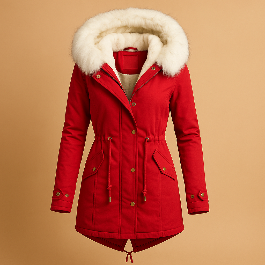 Woman wearing a long winter coat with faux fur hood, warm lining and water-repellent finish, ideal for cold and windy winter days.