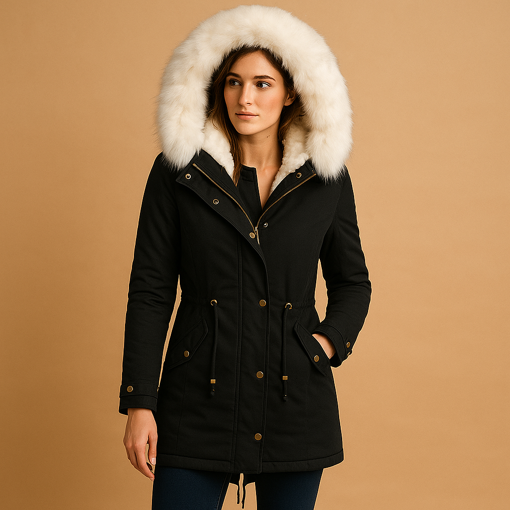 Woman wearing a long winter coat with faux fur hood, warm lining and water-repellent finish, ideal for cold and windy winter days.
