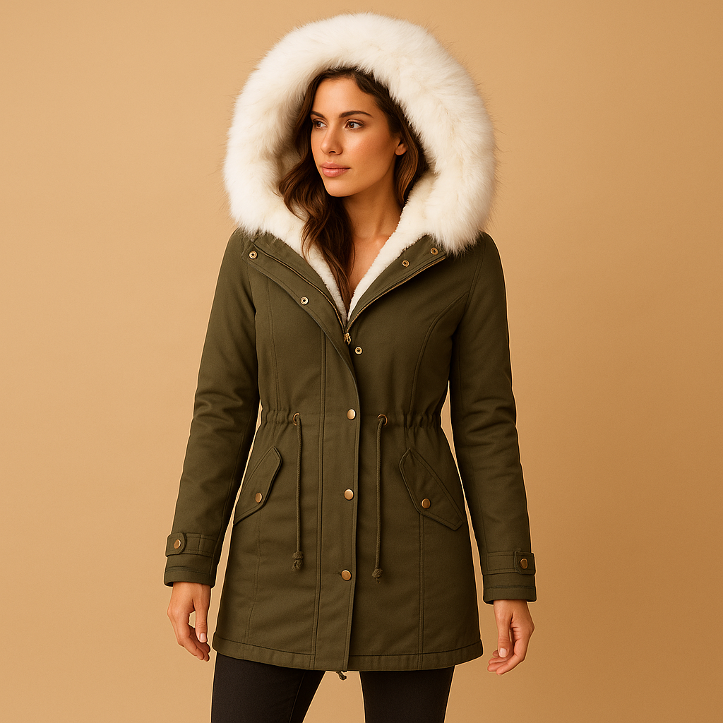Woman wearing a long winter coat with faux fur hood, warm lining and water-repellent finish, ideal for cold and windy winter days.