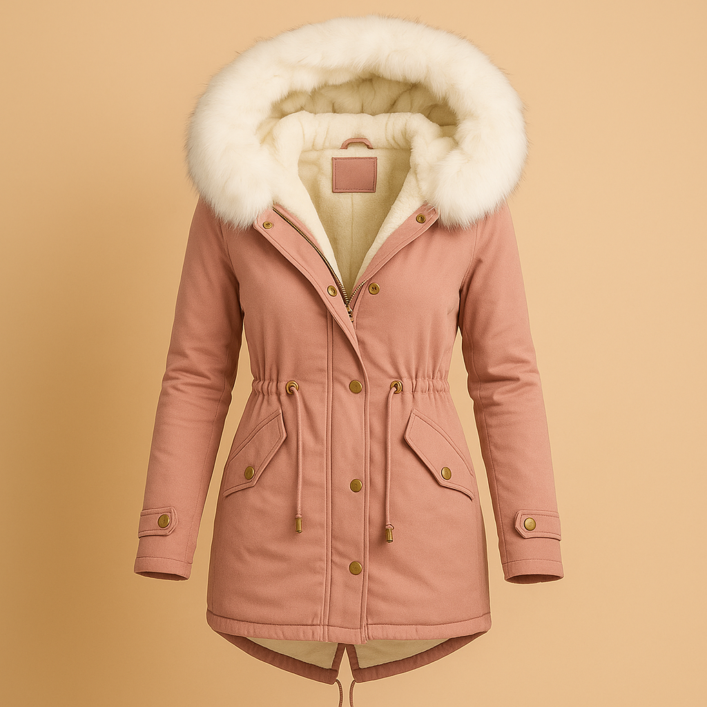 Woman wearing a long winter coat with faux fur hood, warm lining and water-repellent finish, ideal for cold and windy winter days.