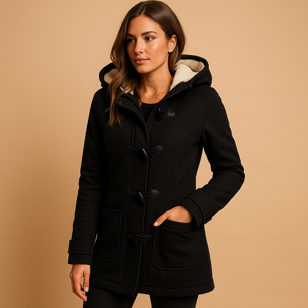 Long winter coat with hood for women, wind-resistant with a modern silhouette, available in black, khaki, and navy for full winter protection.