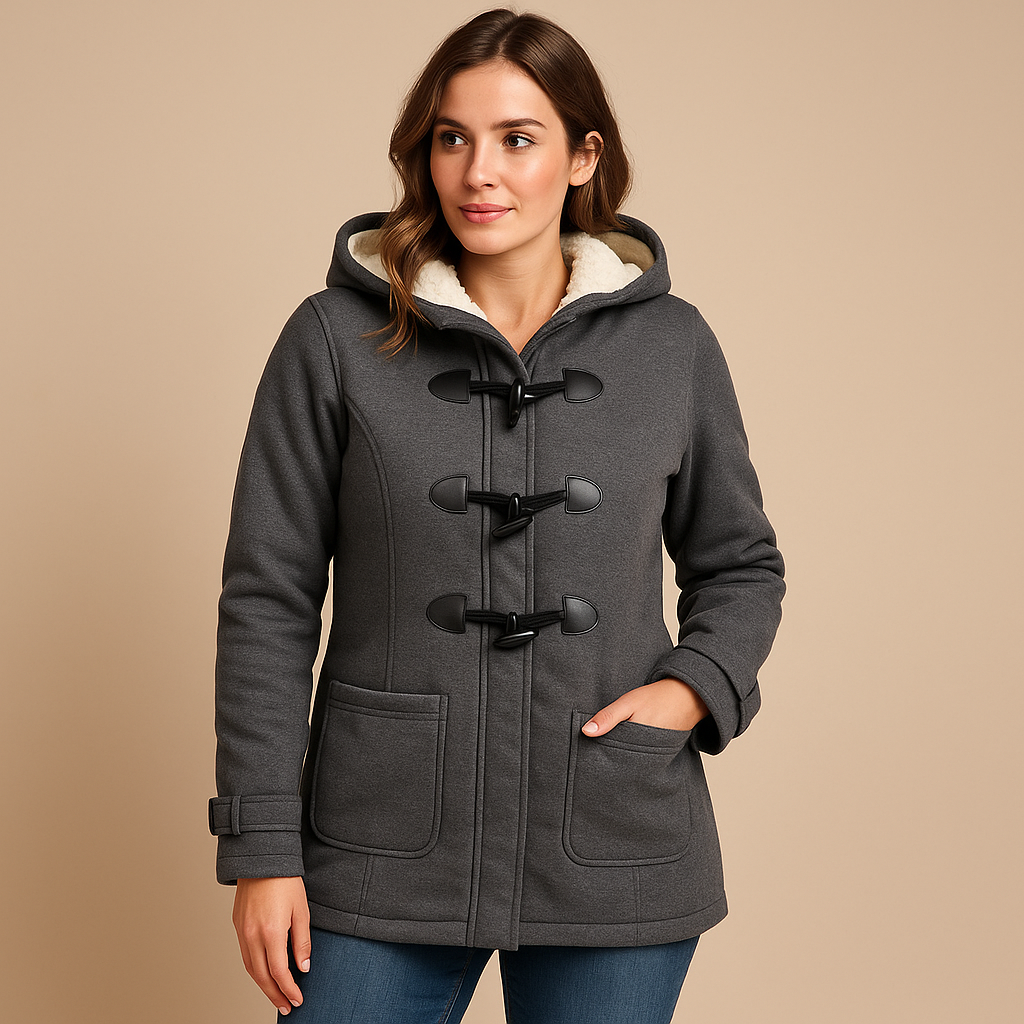 Long winter coat with hood for women, wind-resistant with a modern silhouette, available in black, khaki, and navy for full winter protection.