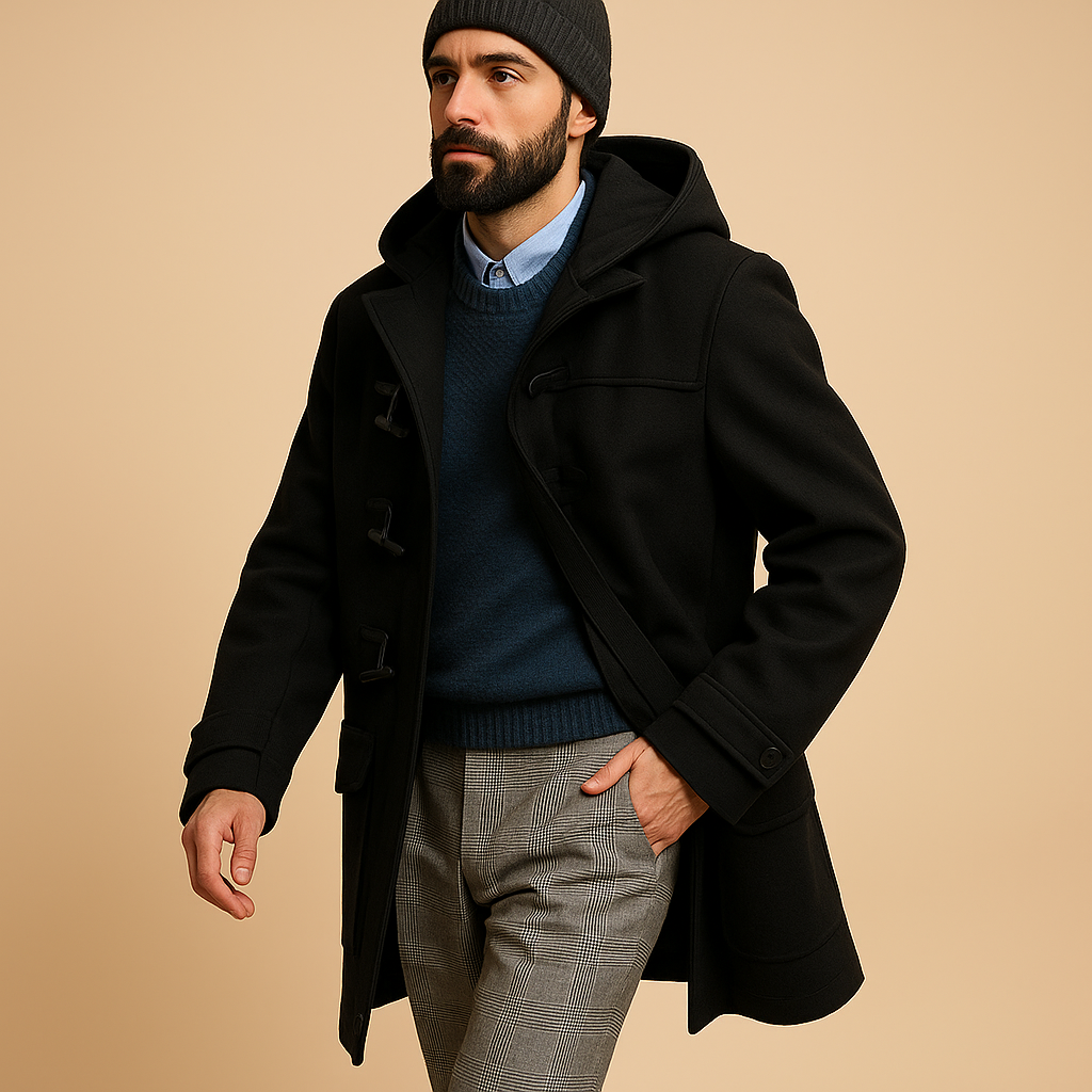 Men’s long winter coat with an extended cut, suitable for work, winter walks, and everyday wear during cold days.