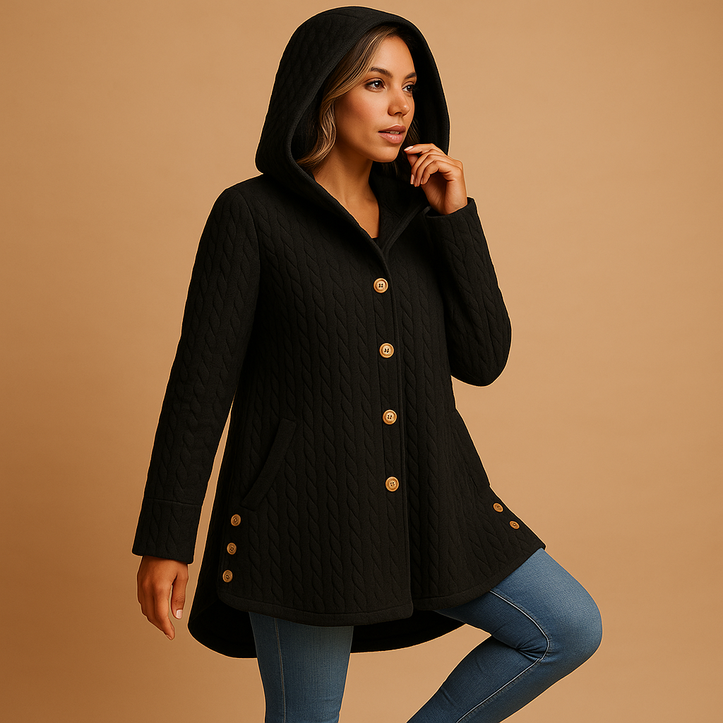 Women’s long winter coat with hood, button closure and extended silhouette, designed for warmth, comfort and everyday winter outfits.