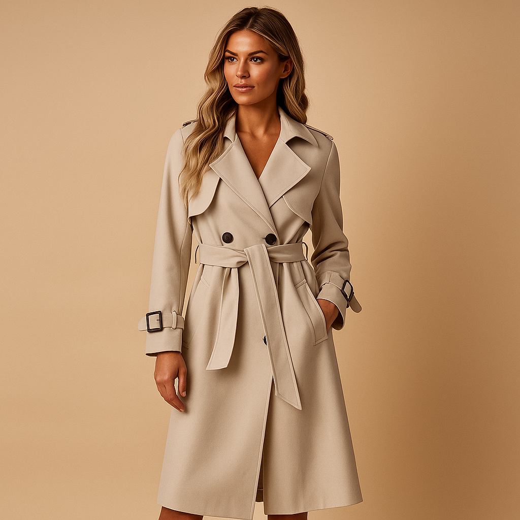 Women’s long elegant winter coat with a tailored silhouette, structured shoulders, and double-breasted closure, ideal for formal and everyday winter wear.
