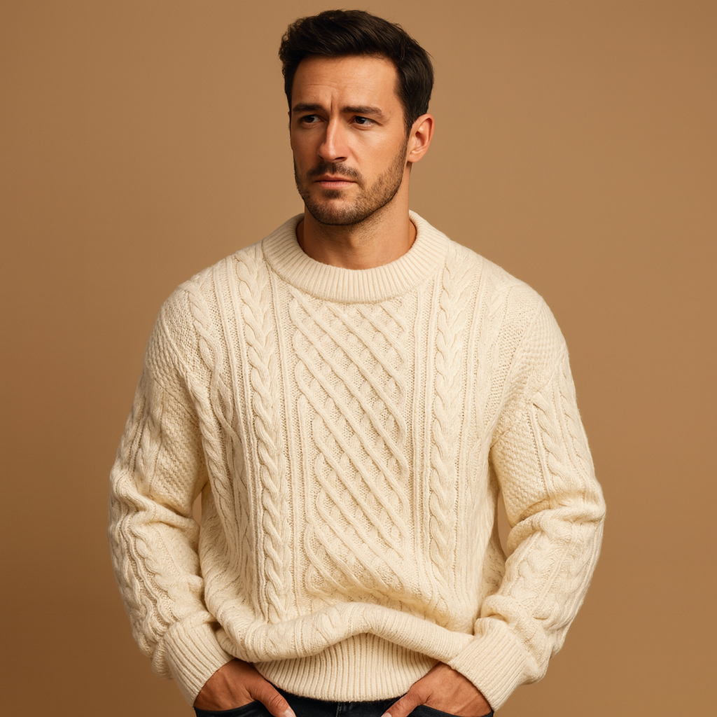Men’s loose-fit knitted crewneck sweater in a solid color, designed for warmth, layering, and versatile casual styling.