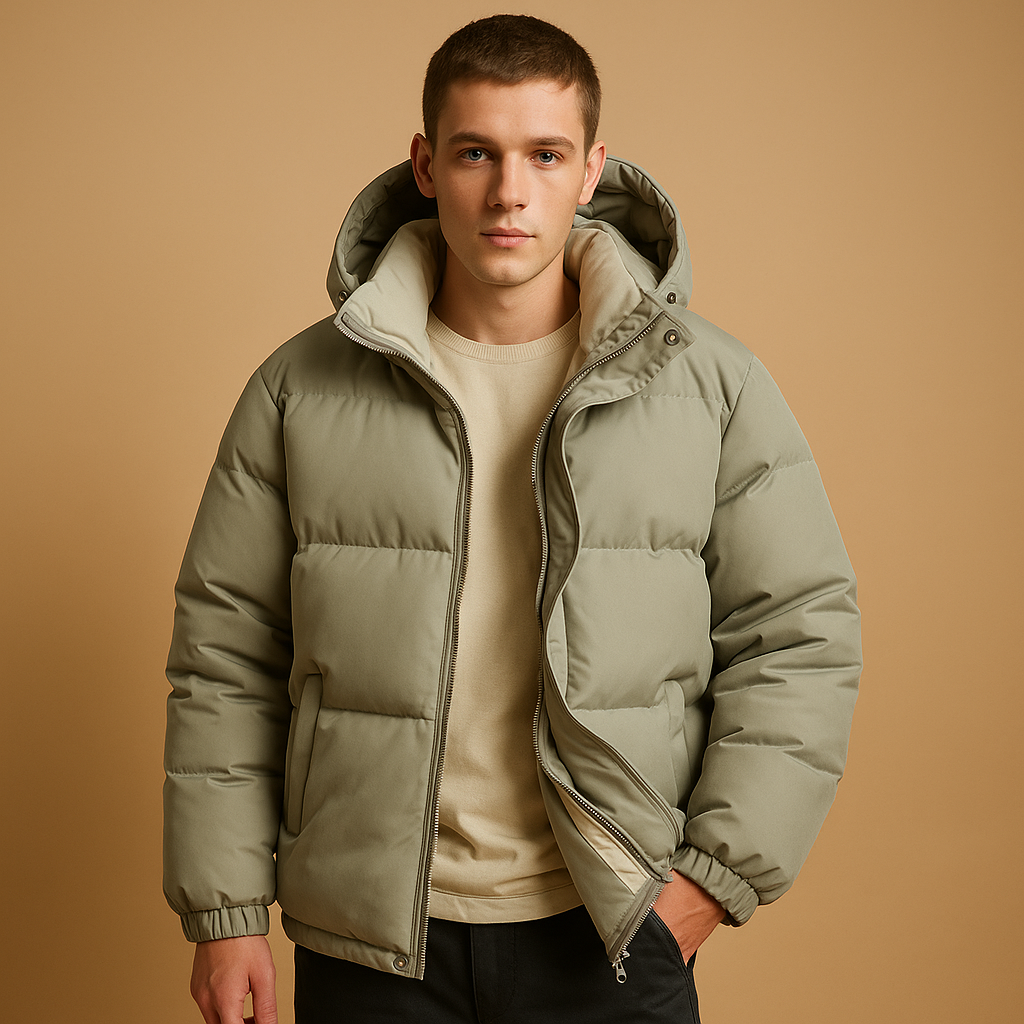 Men’s modern puffer jacket with quilted insulation and hood, suitable for daily wear, travel, and winter outdoor activities.