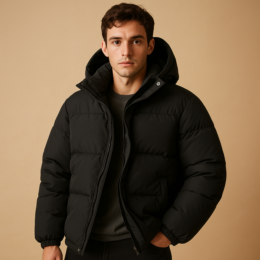 Men’s modern puffer jacket with quilted insulation and hood, suitable for daily wear, travel, and winter outdoor activities.