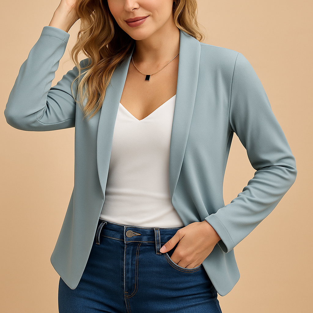 Women’s open-front tailored blazer with a flattering fit in black, beige, and navy, ideal for work, casual moments, and elegant evenings.