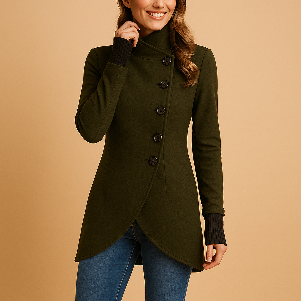 Women’s oversized asymmetrical winter coat with large buttons, extended length, and soft cotton-blend interior.