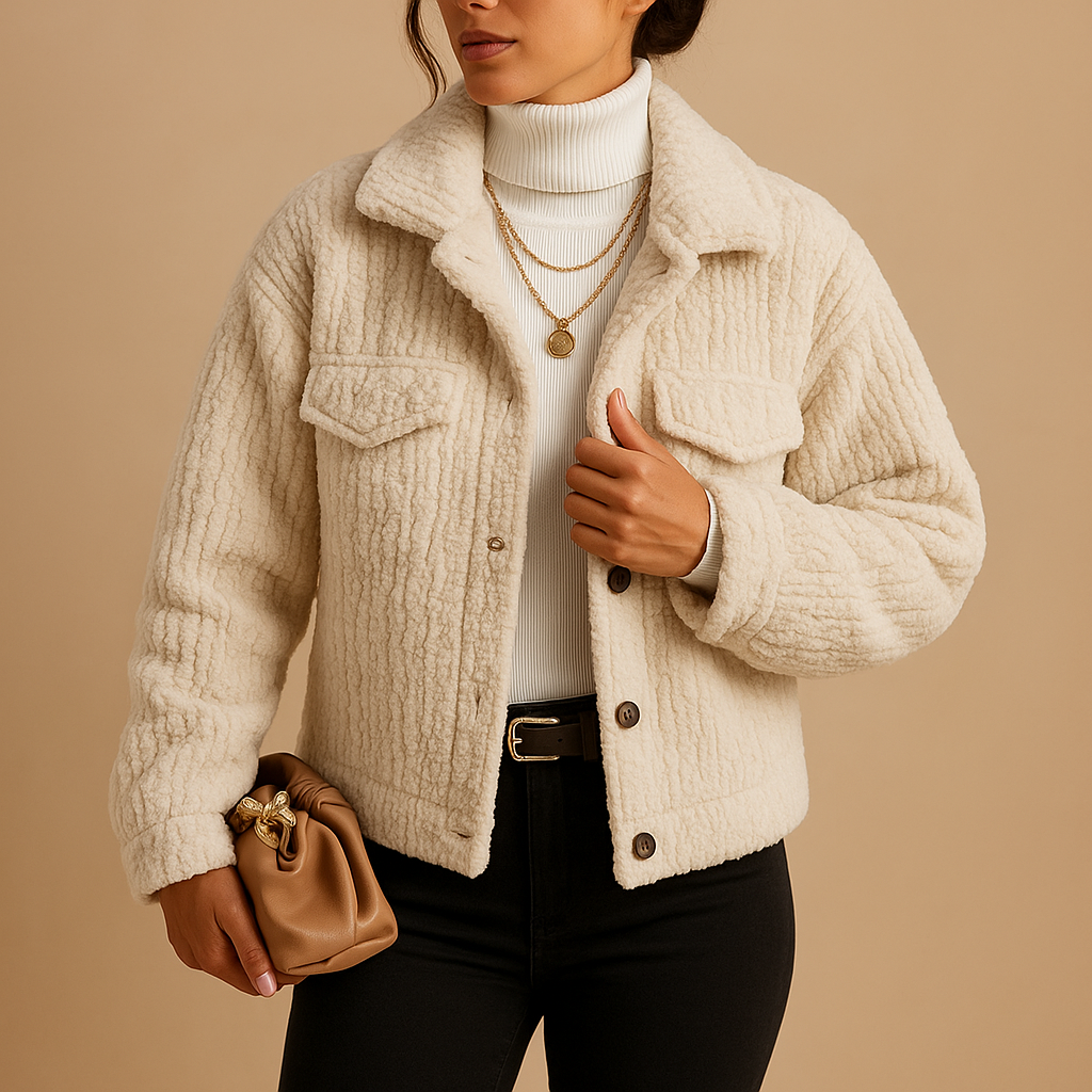 Women’s oversized boxy coat with pearl buttons and seamless flap pockets, ideal for modern layering and stylish transitional outfits.