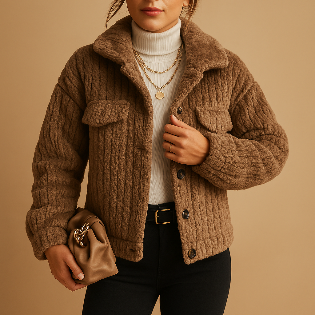 Women’s oversized boxy coat with pearl buttons and seamless flap pockets, ideal for modern layering and stylish transitional outfits.
