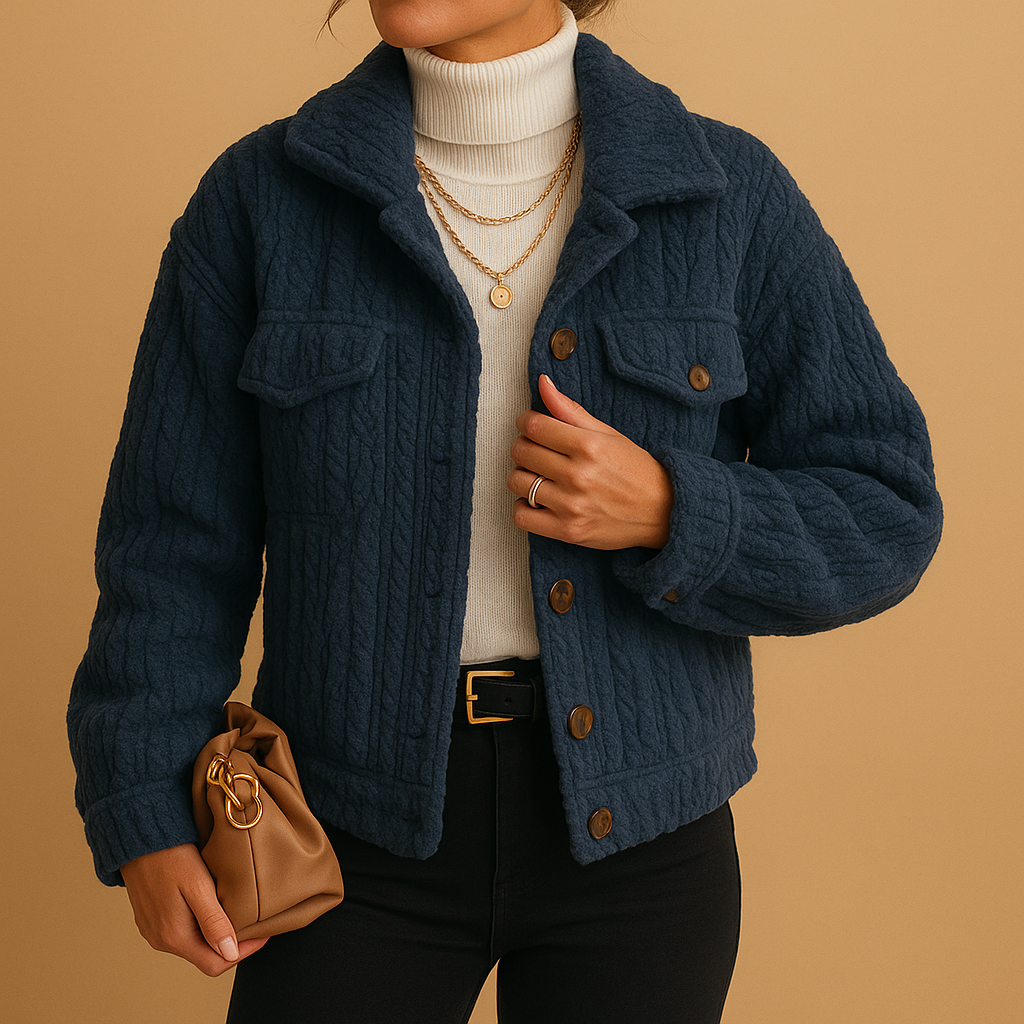 Women’s oversized boxy coat with pearl buttons and seamless flap pockets, ideal for modern layering and stylish transitional outfits.