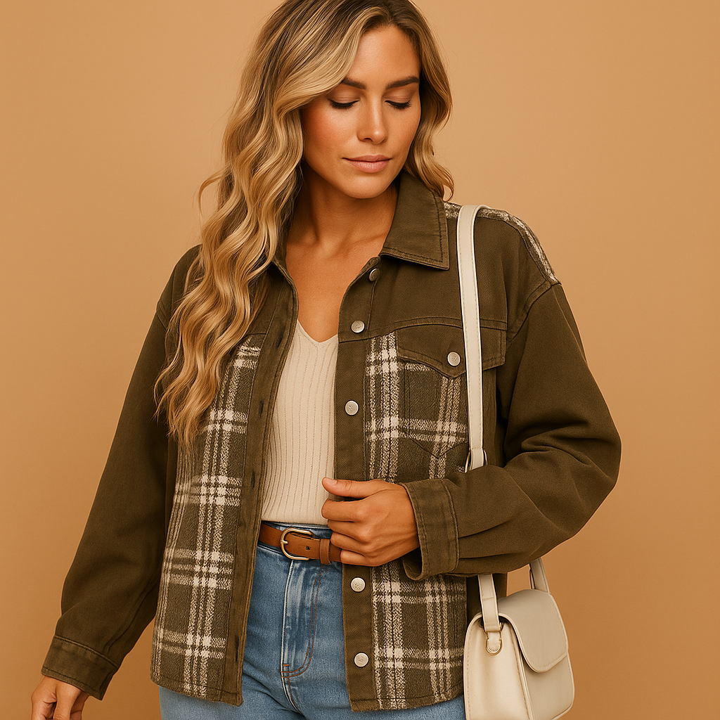 Woman wearing an oversized soft jacket with relaxed fit, breathable material and side pockets, ideal for daily casual or dressed-up outfits.