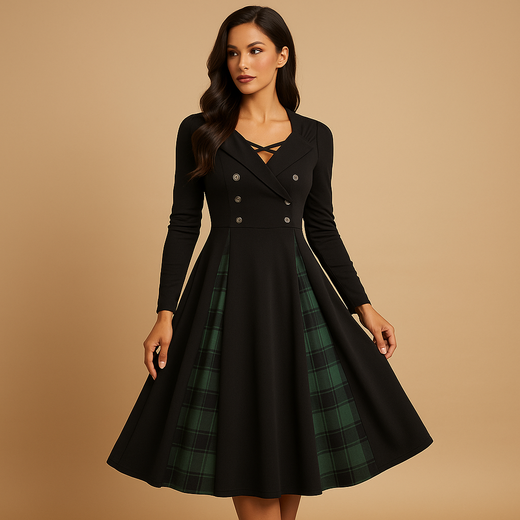 Plaid A line midi dress for women with long sleeves and double button front, ideal for work, dinners, and casual chic occasions.