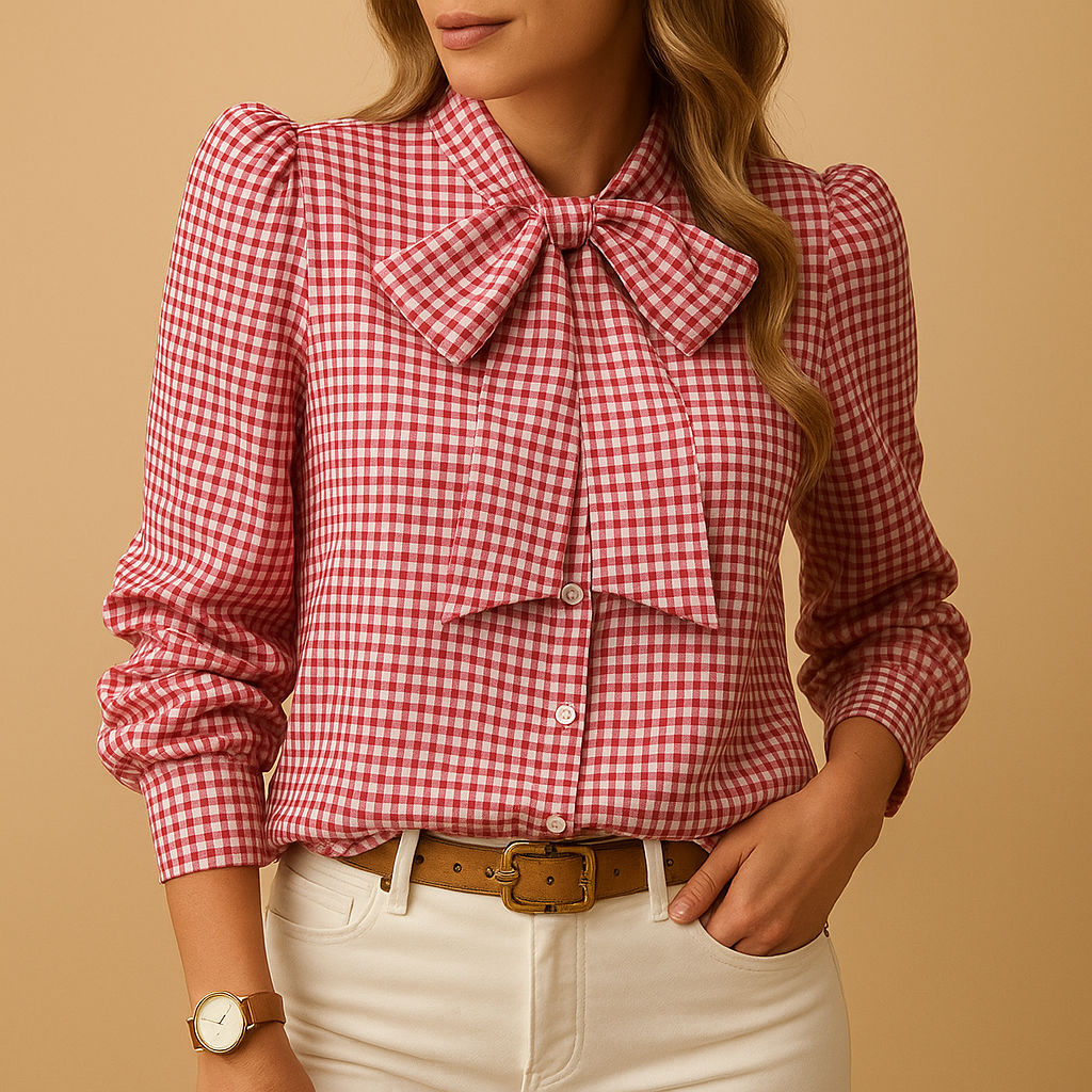 Women’s plaid blouse with a chic bow detail, breathable material and elegant design suitable for work, brunch and everyday outfits.