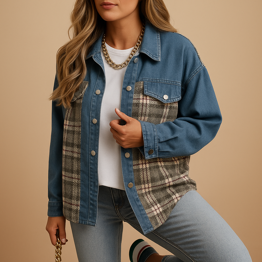 Women’s plaid denim-look jacket with relaxed fit, long sleeves, and soft fabric, perfect for casual layering or semi-formal outfits.