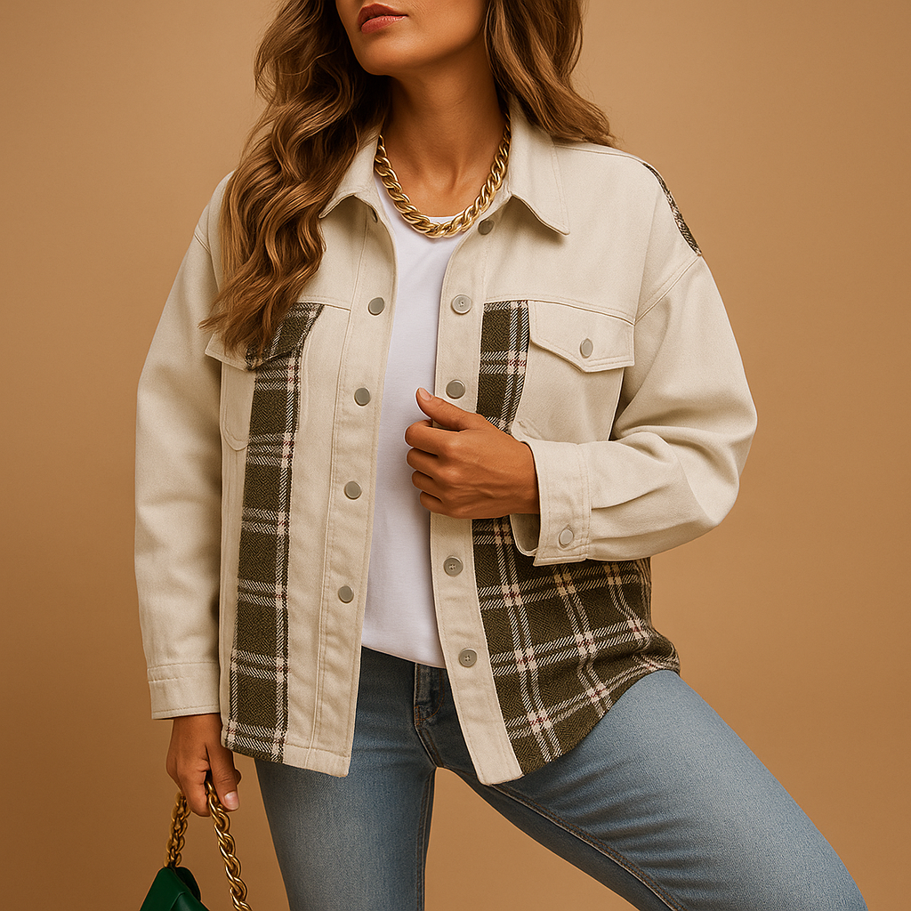 Women’s plaid denim-look jacket with relaxed fit, long sleeves, and soft fabric, perfect for casual layering or semi-formal outfits.
