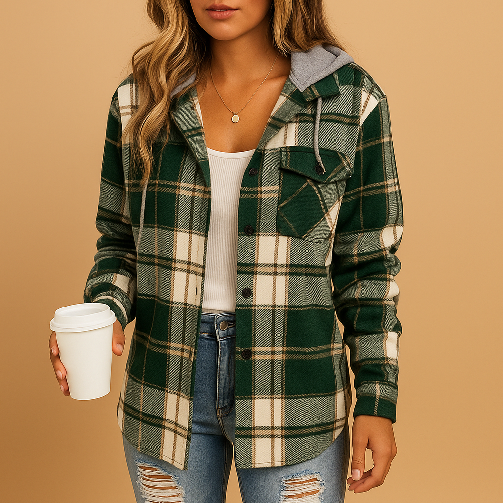 Woman wearing a green plaid hooded coat with a warm, comfortable fit, ideal for autumn and winter outfits.