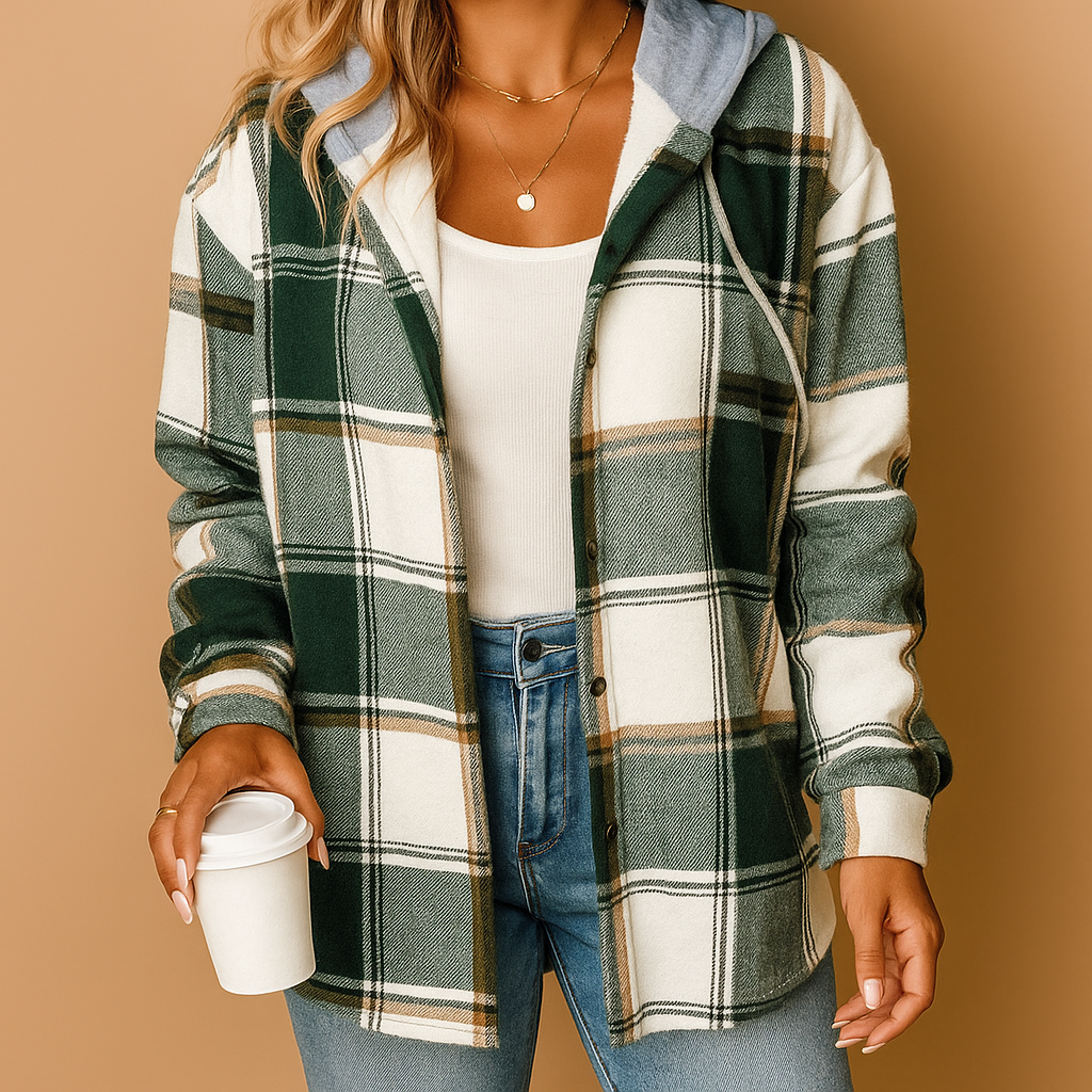 Women’s plaid hooded jacket with relaxed fit and breathable fabric, ideal for layering and casual everyday wear.