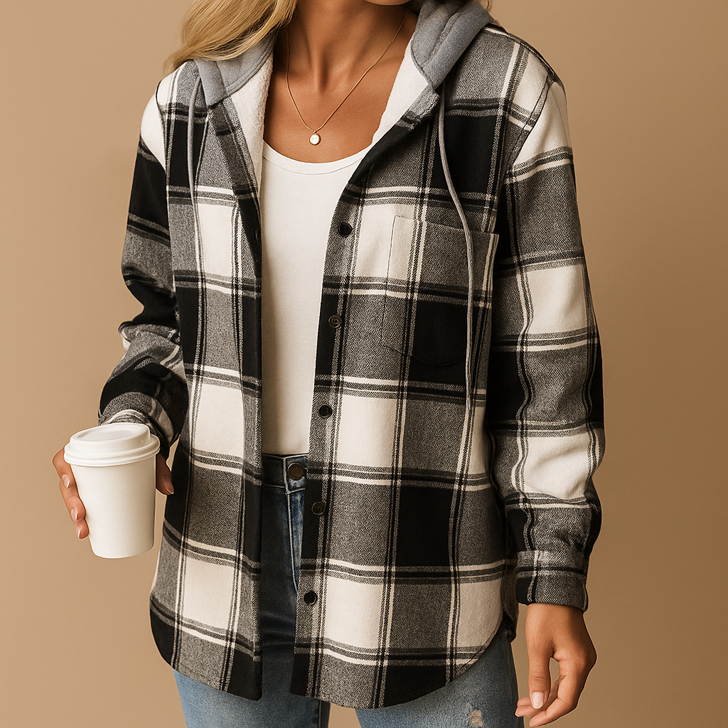 Women’s plaid hooded jacket with relaxed fit and breathable fabric, ideal for layering and casual everyday wear.