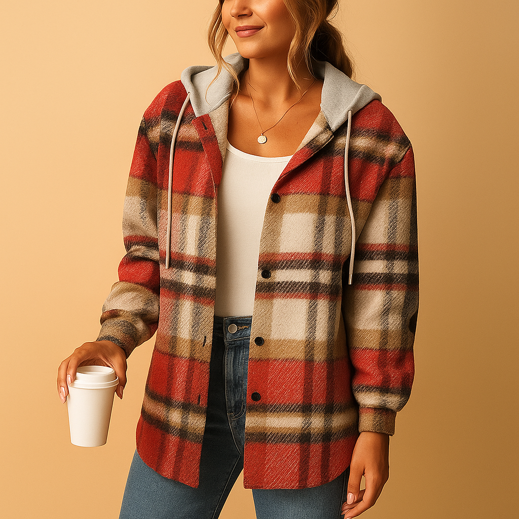 Women’s plaid hooded jacket with relaxed fit and breathable fabric, ideal for layering and casual everyday wear.