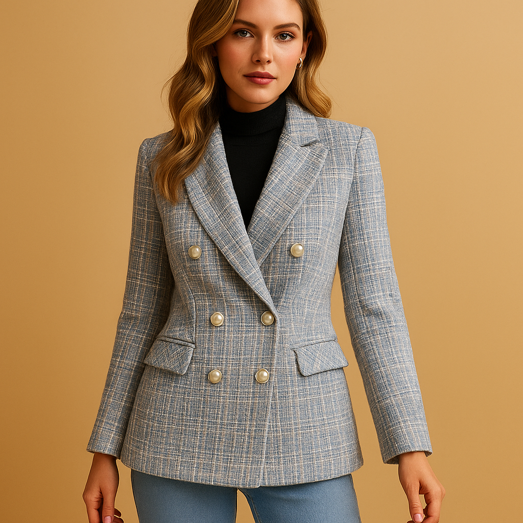 Women’s plaid tailored blazer with a fitted silhouette and timeless check pattern, perfect for work and chic casual looks.