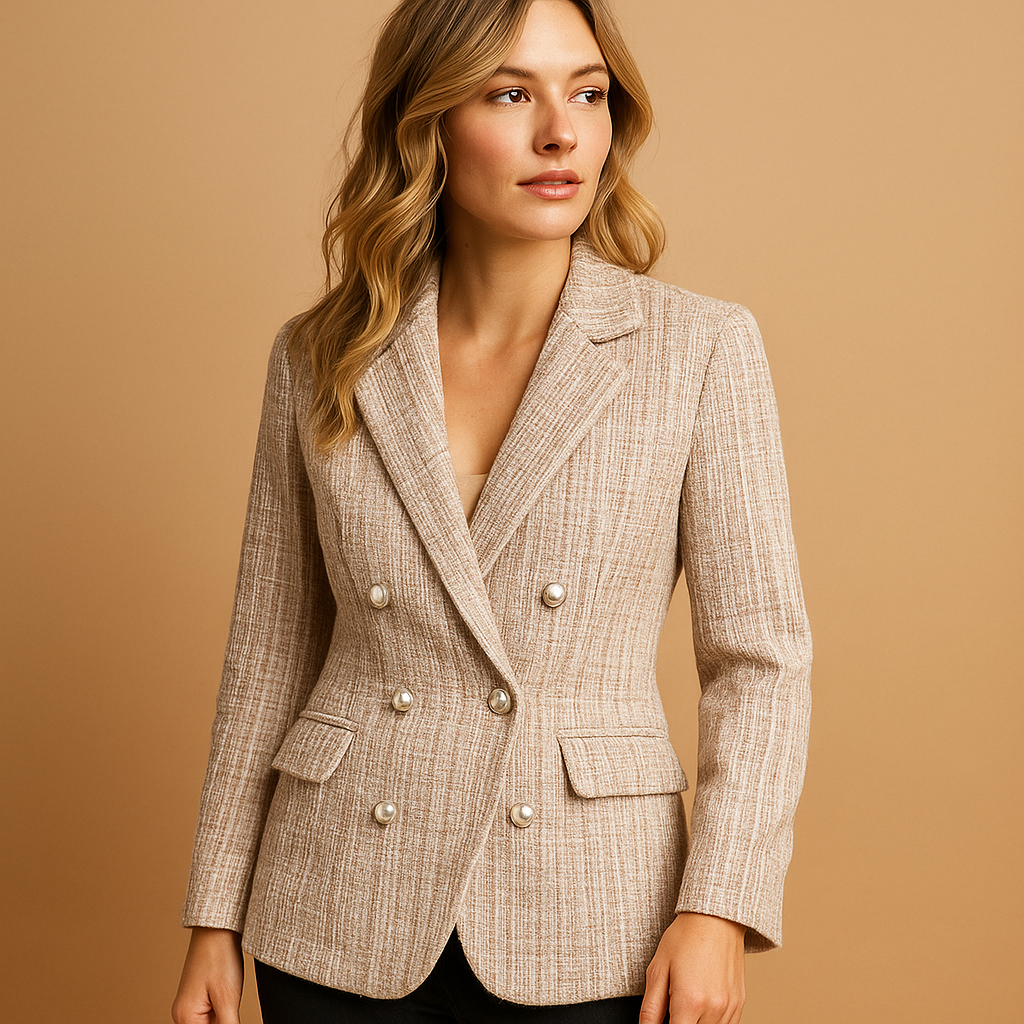 Women’s plaid tailored blazer with a fitted silhouette and timeless check pattern, perfect for work and chic casual looks.