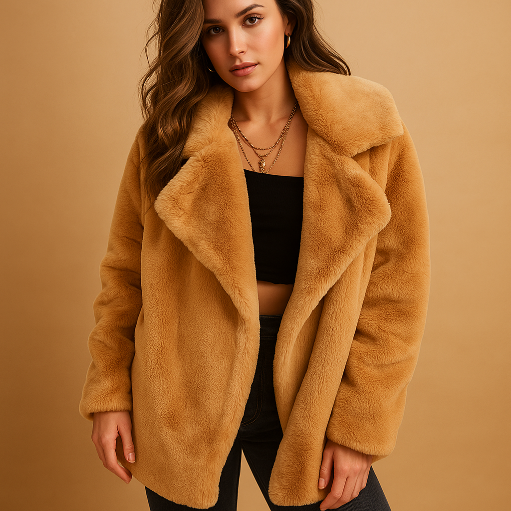 Women’s plush winter coat with medium length, lapel collar, and soft warm fabric in multiple stylish colors.