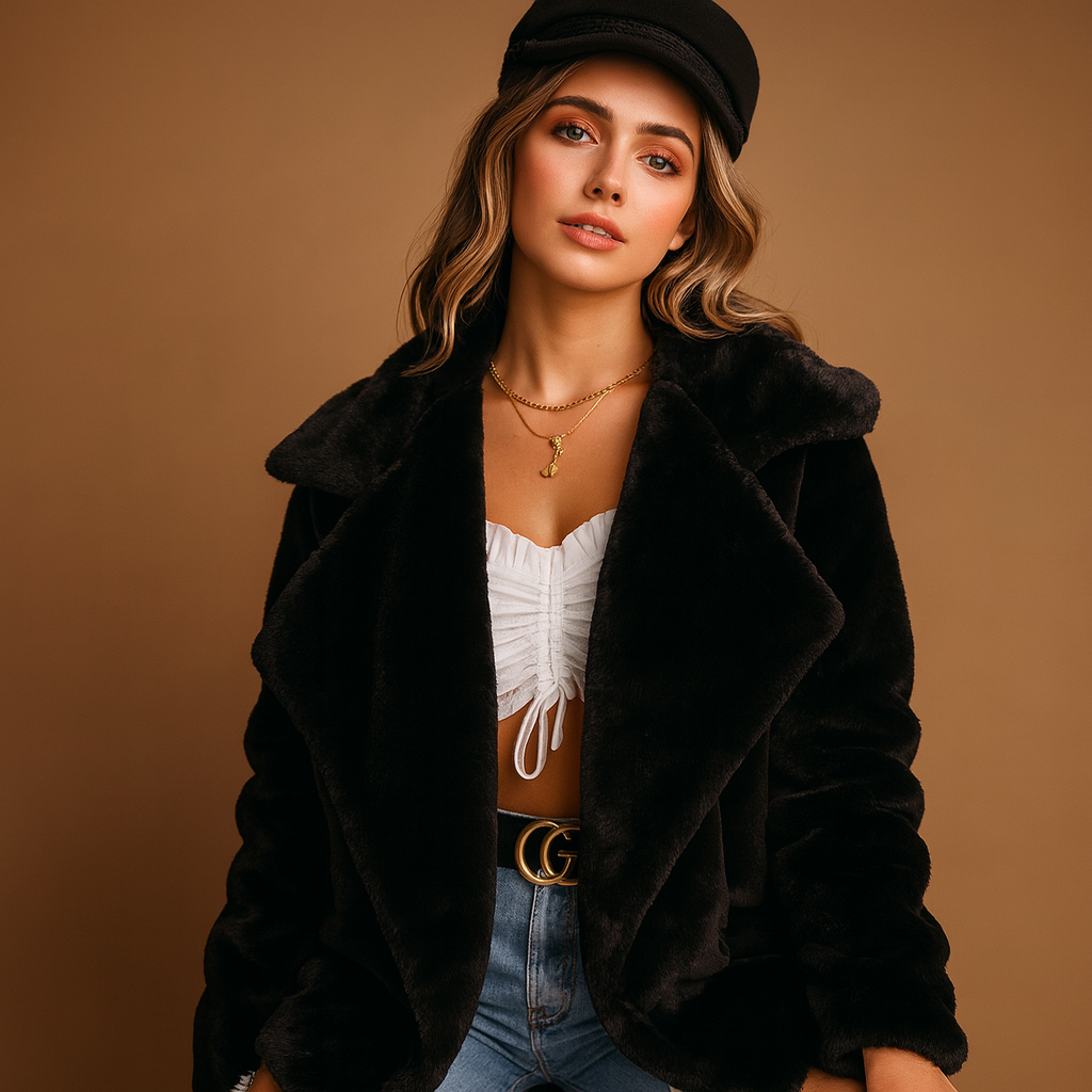 Women’s plush winter coat with medium length, lapel collar, and soft warm fabric in multiple stylish colors.