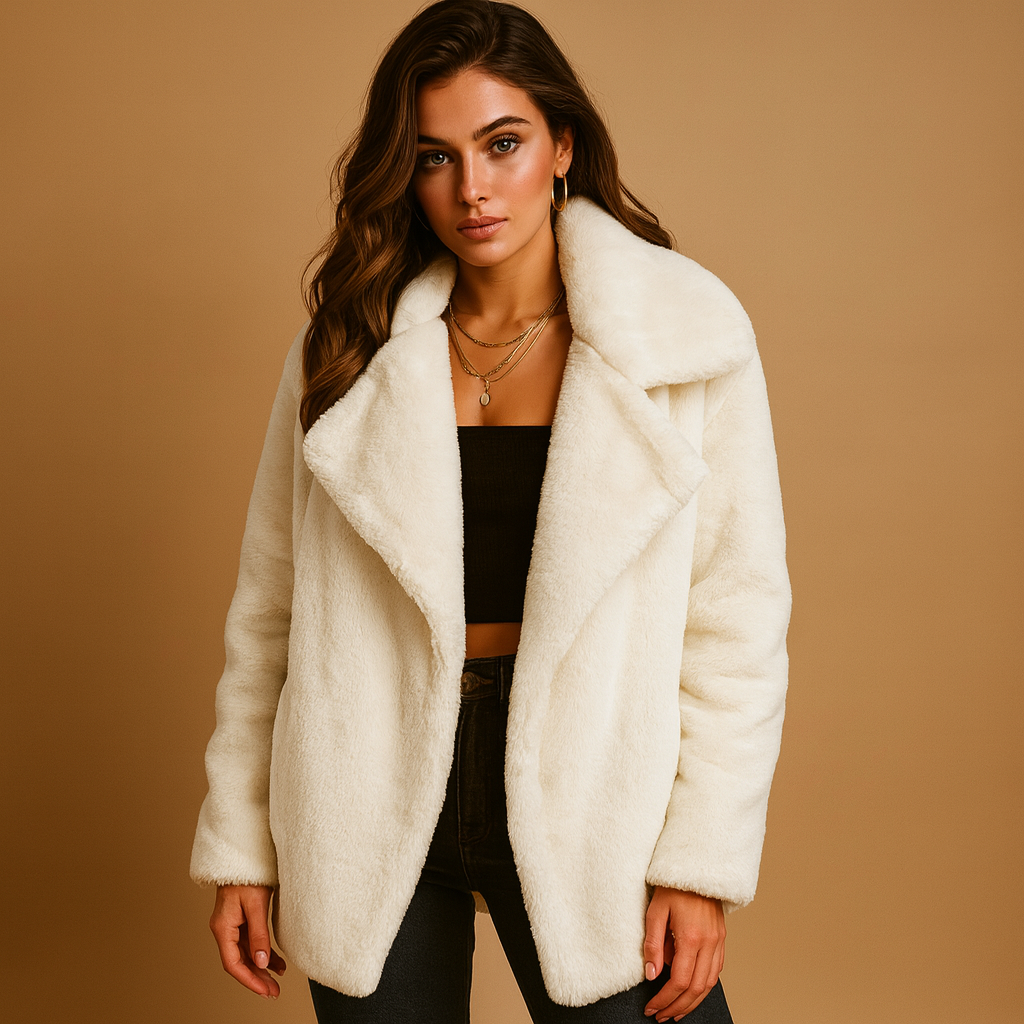 Women’s plush winter coat with medium length, lapel collar, and soft warm fabric in multiple stylish colors.