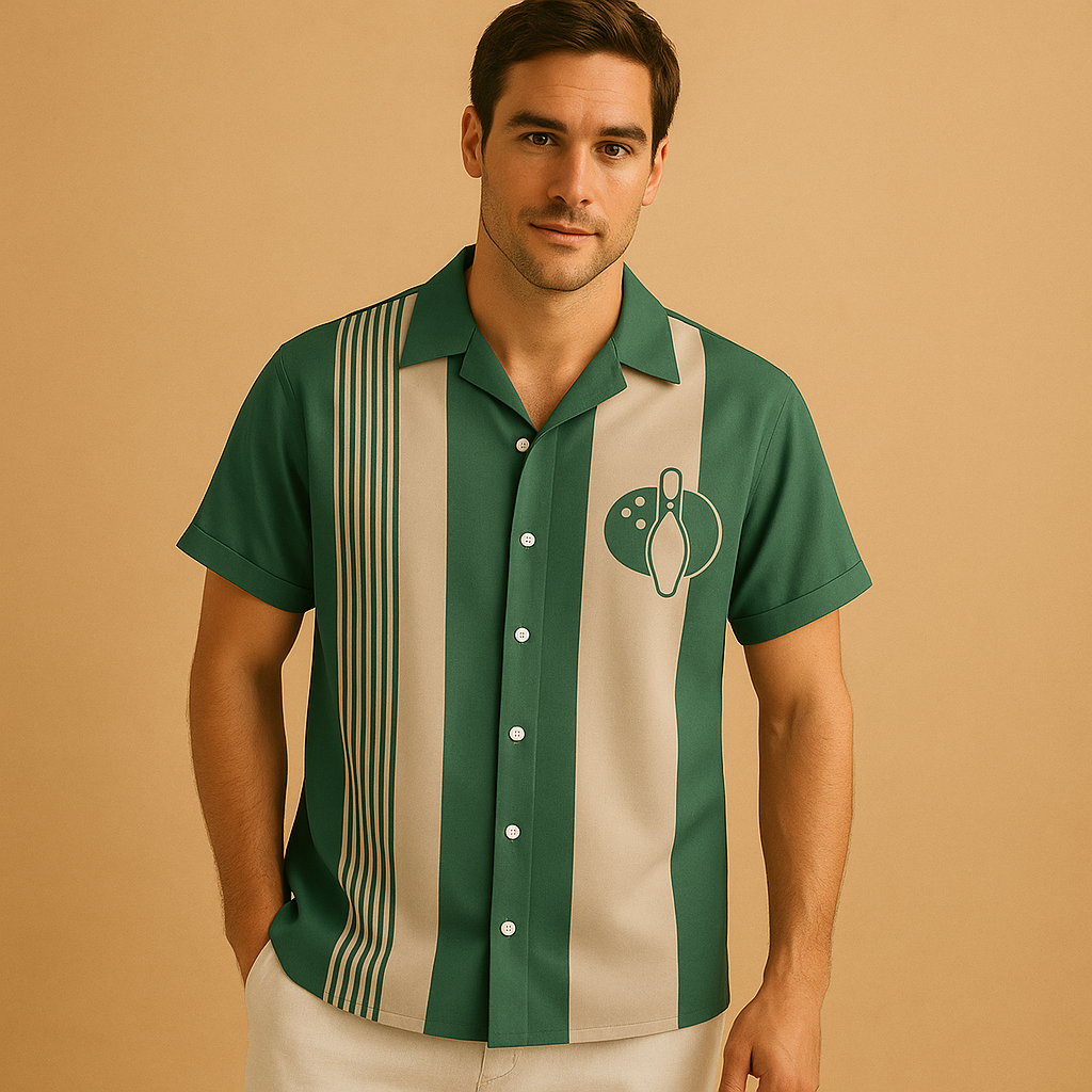 Printed casual polo shirt for men with a unique bowling-style design and comfortable breathable fit, ideal for casual outfits and sporty occasions.
