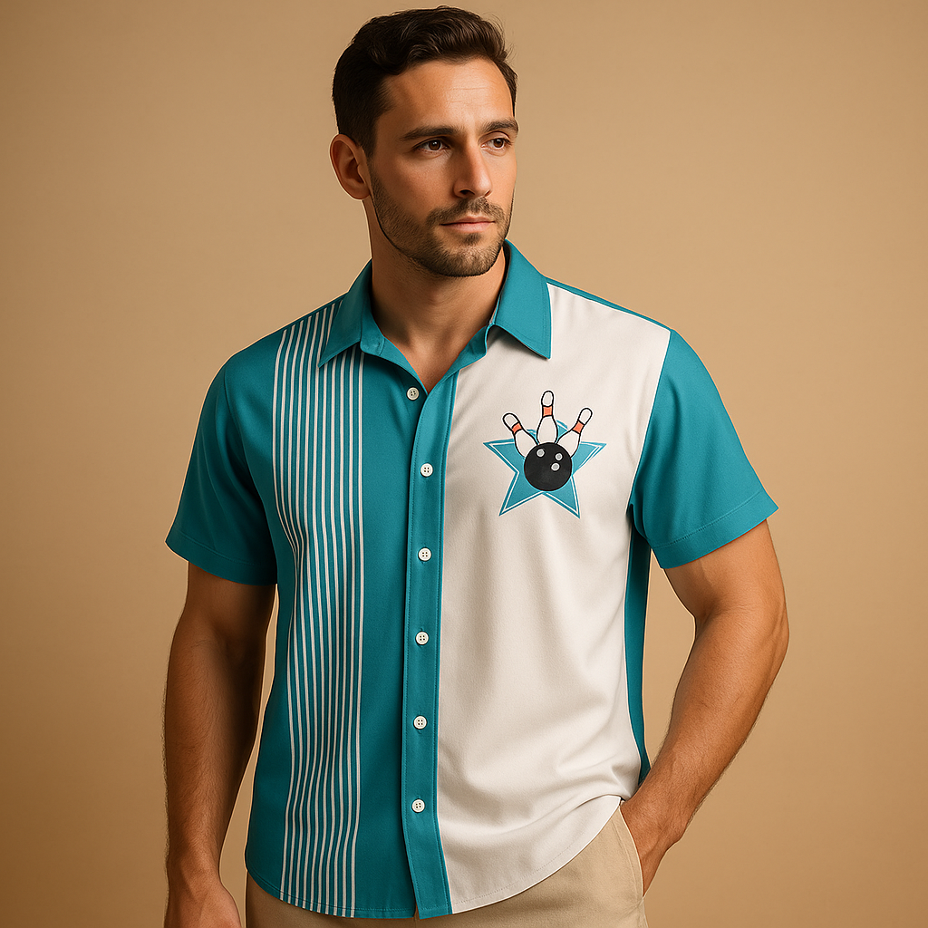 Printed casual polo shirt for men with a unique bowling-style design and comfortable breathable fit, ideal for casual outfits and sporty occasions.