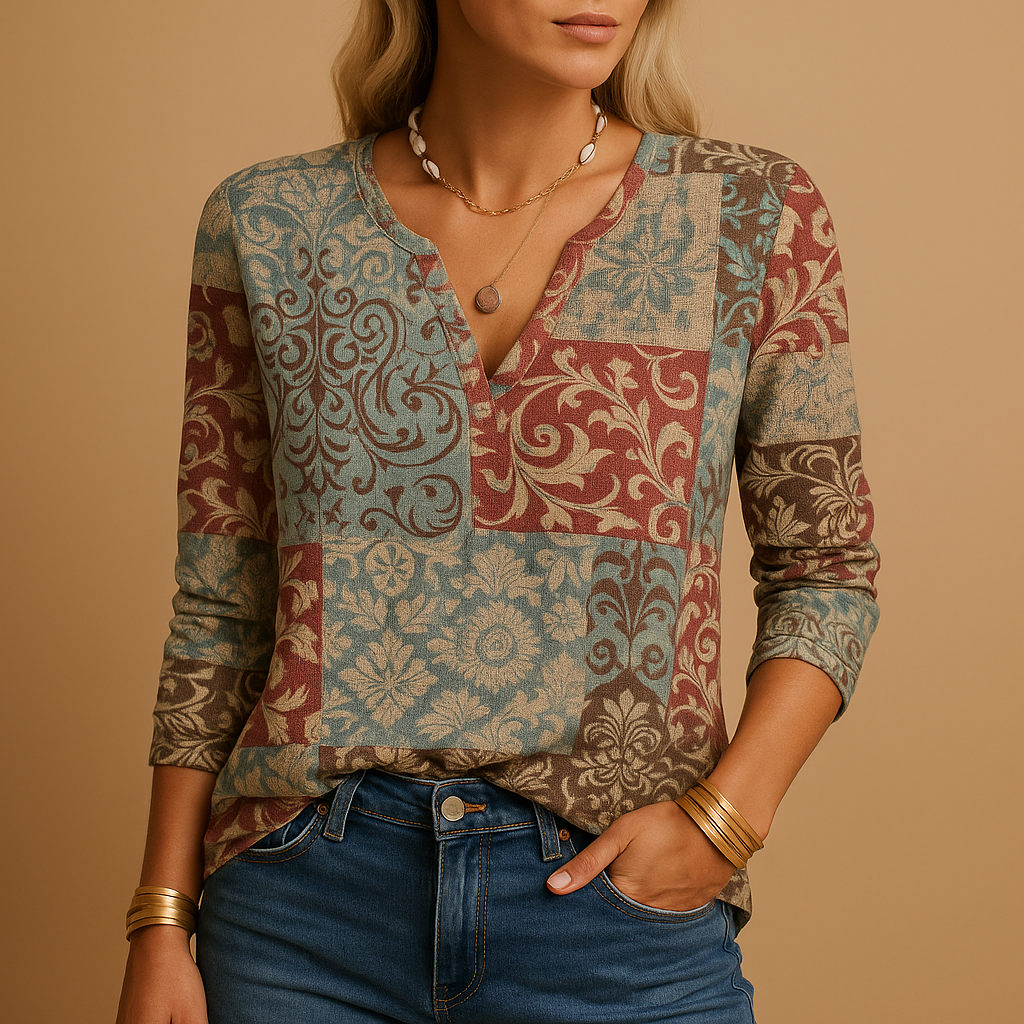 Women’s long-sleeve top with mixed prints, light stretch cotton blend and a flattering fit suitable for casual, office and trendy outfits.