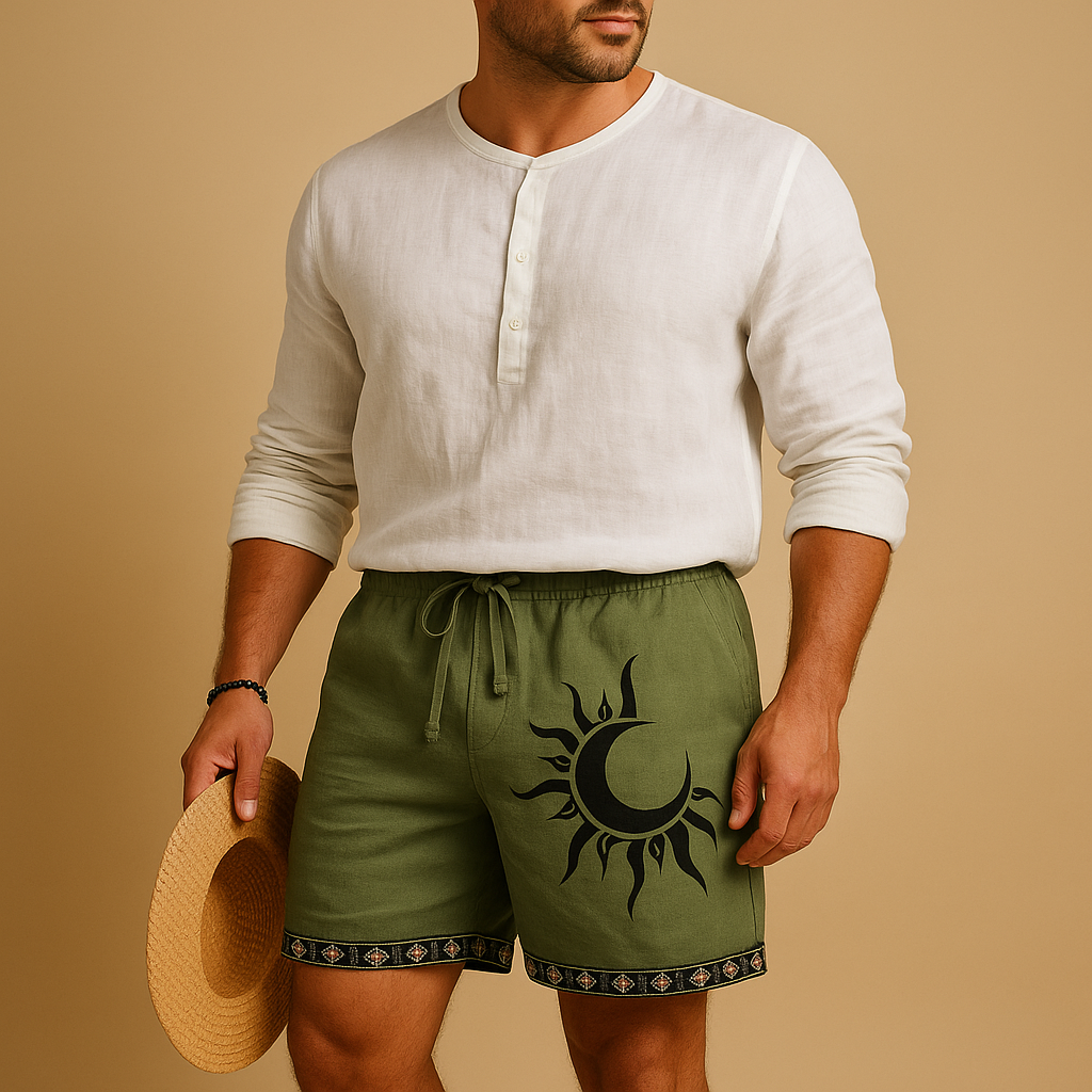 Men’s printed summer shorts with drawstring and elastic waistband, perfect for beach days, vacations, and casual summer outfits.