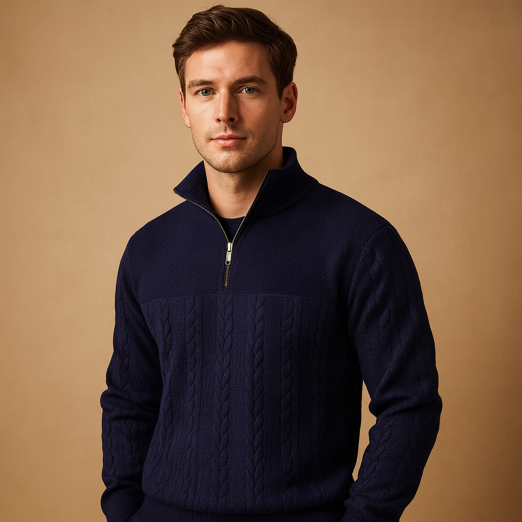Men’s quarter-zip pullover with subtle woven pattern and relaxed fit, perfect for casual and semi-formal outfits in autumn and winter.