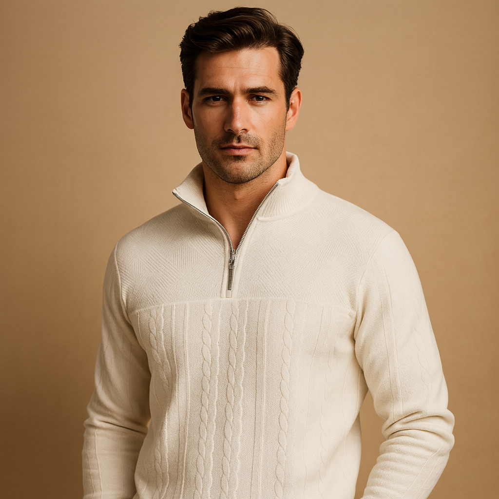Men’s quarter-zip pullover with subtle woven pattern and relaxed fit, perfect for casual and semi-formal outfits in autumn and winter.