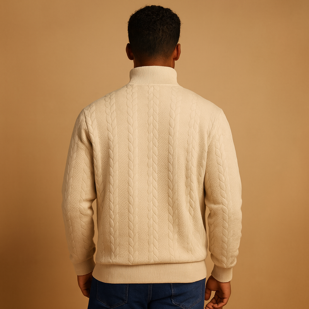 Men’s quarter-zip pullover with subtle woven pattern and relaxed fit, perfect for casual and semi-formal outfits in autumn and winter.