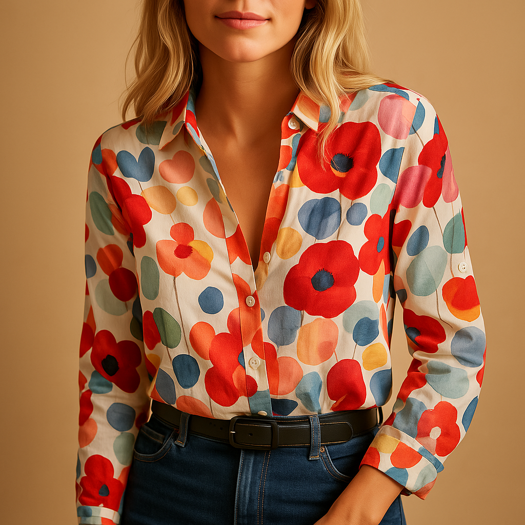 Women’s red floral lightweight blouse with a flattering fit and breathable fabric, ideal for spring outfits and casual chic styling.