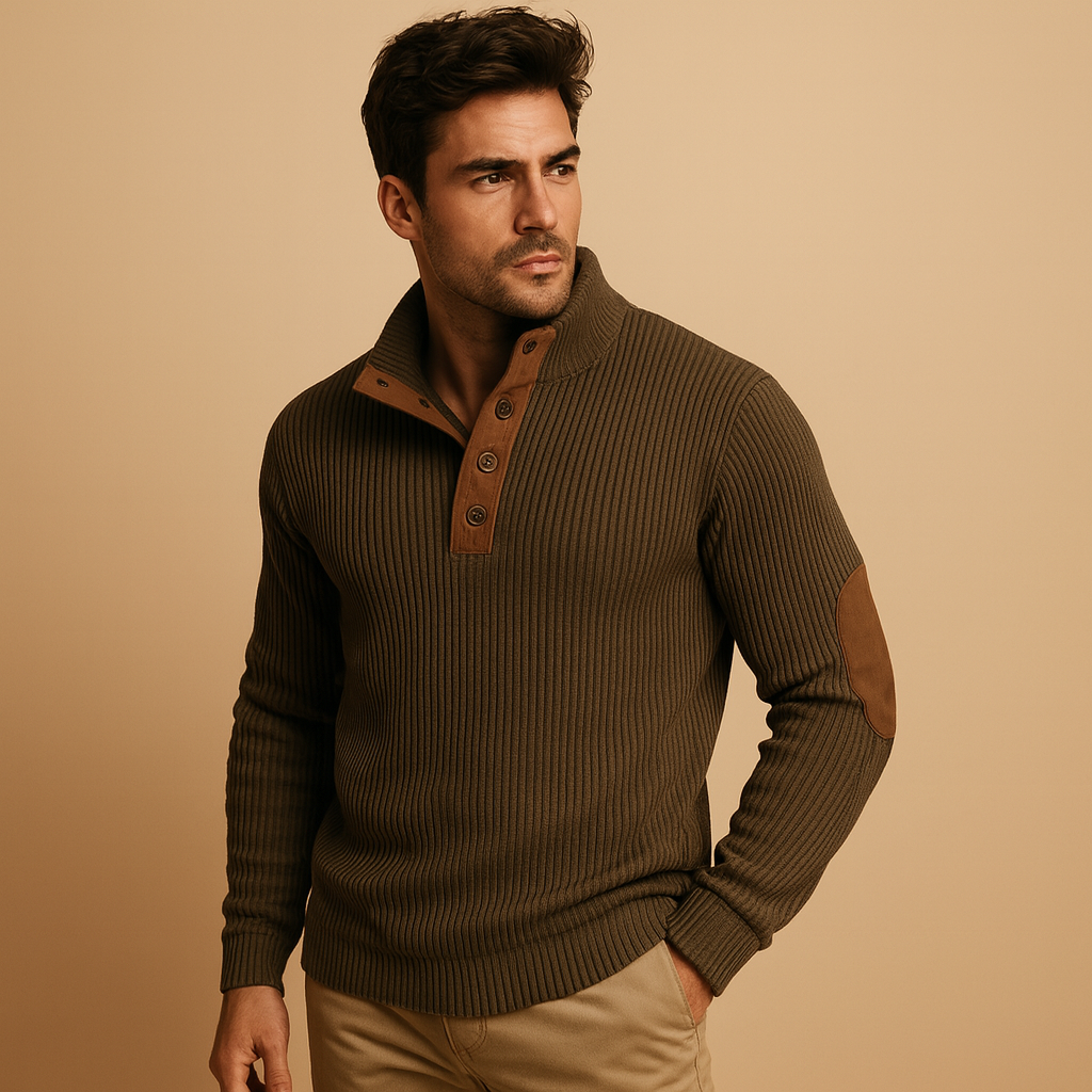 Men’s ribbed stand-collar sweatshirt with button closure, soft breathable feel, and versatile design for autumn and winter wear.