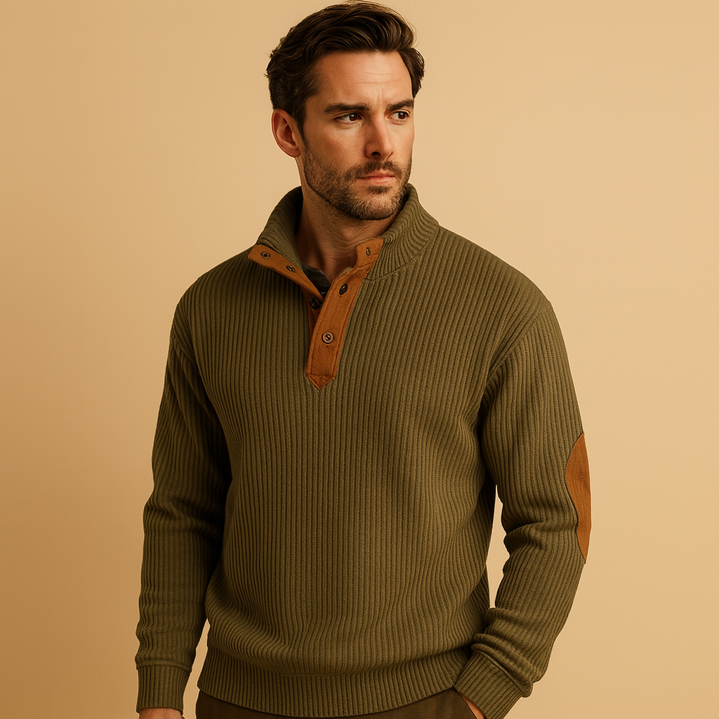 Men’s ribbed stand-collar sweatshirt with button closure, soft breathable feel, and versatile design for autumn and winter wear.
