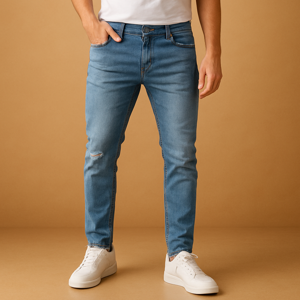 Men’s ripped slim fit jeans with stretch, perfect for streetwear outfits, casual wear, and modern urban style.