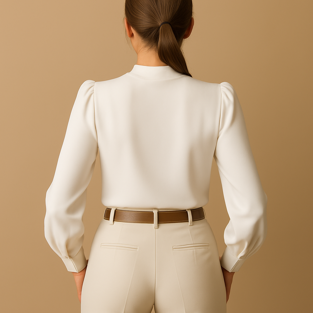 Women’s blouse with a standing ruffled collar and elegant detailing, suitable for work or dressed-up occasions.