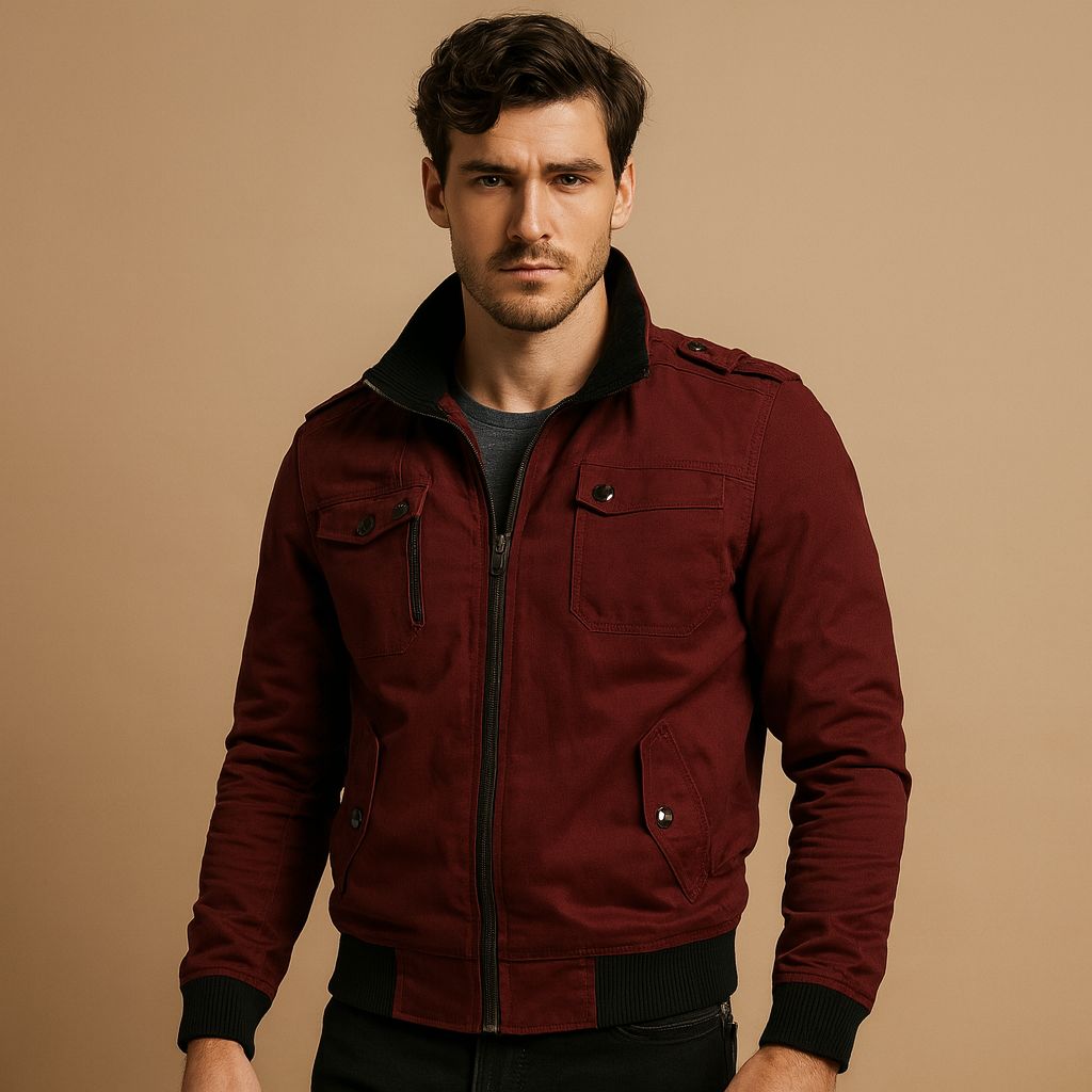 Men’s rugged bomber jacket with tactical details, high collar, ribbed cuffs, and multiple pockets, suitable for daily wear and outdoor adventures.