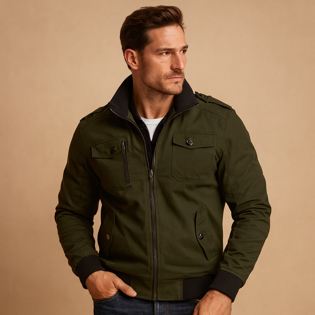 Men’s rugged bomber jacket with tactical details, high collar, ribbed cuffs, and multiple pockets, suitable for daily wear and outdoor adventures.