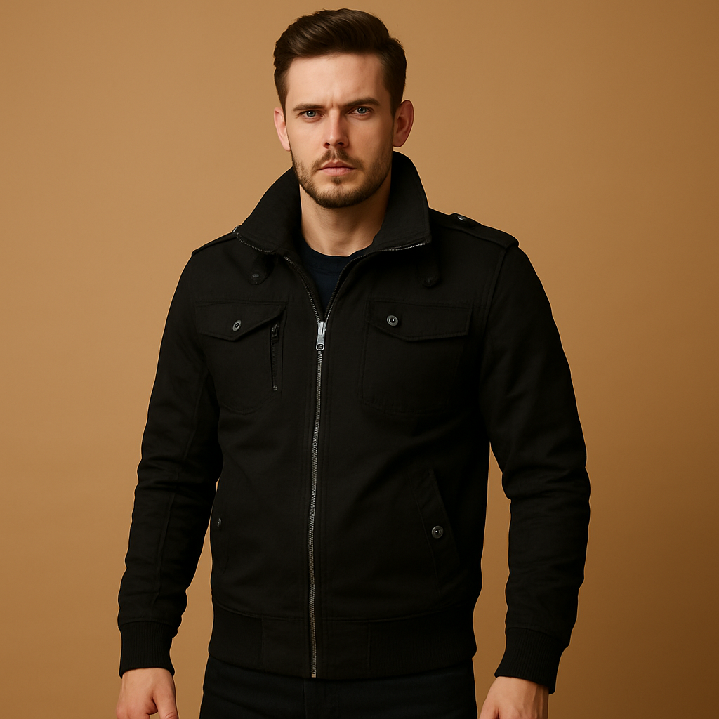 Men’s rugged bomber jacket with tactical details, high collar, ribbed cuffs, and multiple pockets, suitable for daily wear and outdoor adventures.