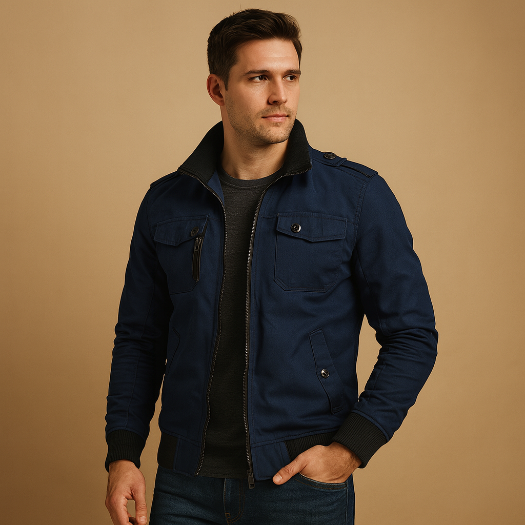 Men’s rugged bomber jacket with tactical details, high collar, ribbed cuffs, and multiple pockets, suitable for daily wear and outdoor adventures.
